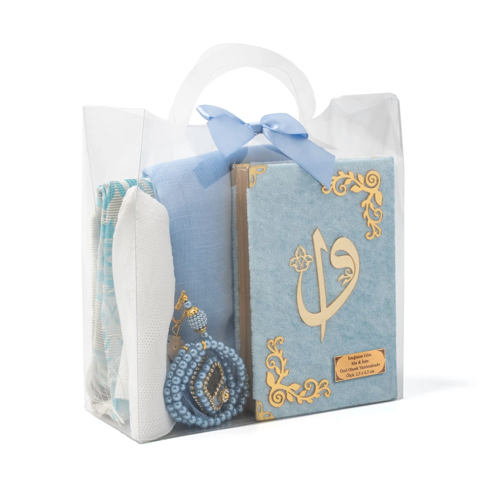 Eşarp + Takke + Seccade + Tesbih + Zikirmatik + Kuran Hediye Seti (Çanta Boy, Mavi)