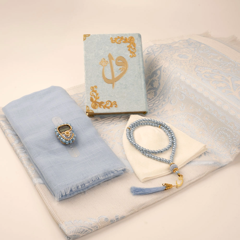 Şal + Takke + Seccade + Tesbih + Zikirmatik + Kuran Hediye Seti (Çanta Boy, Mavi)