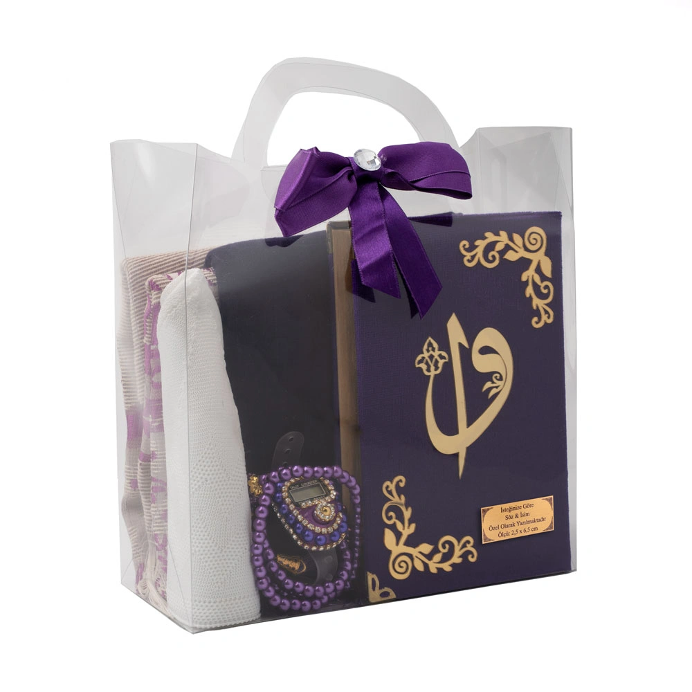 Eşarp + Takke + Seccade + Tesbih + Zikirmatik + Kuran Hediye Seti (Çanta Boy, Mor)