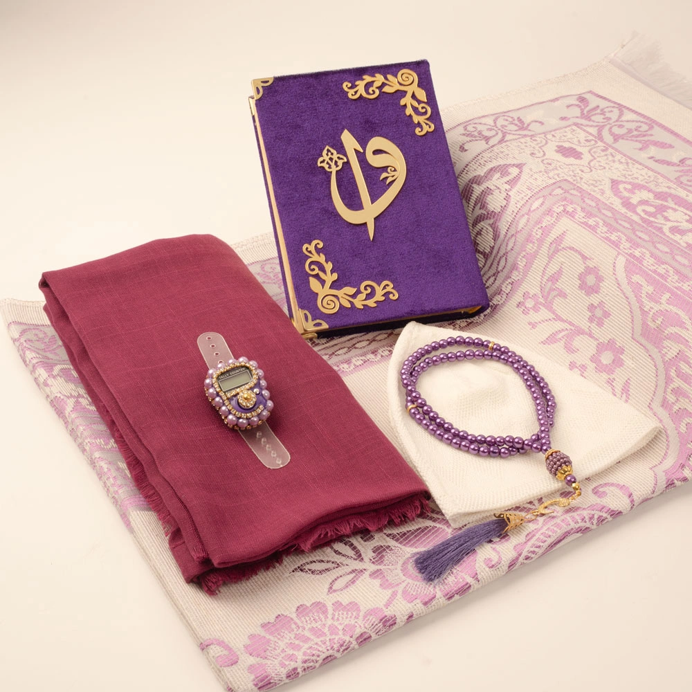 Eşarp + Takke + Seccade + Tesbih + Zikirmatik + Kuran Hediye Seti (Çanta Boy, Mor)