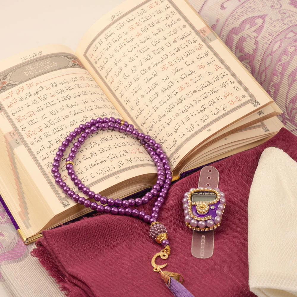 Şal + Takke + Seccade + Tesbih + Zikirmatik + Kuran Hediye Seti (Çanta Boy, Mor) - Thumbnail