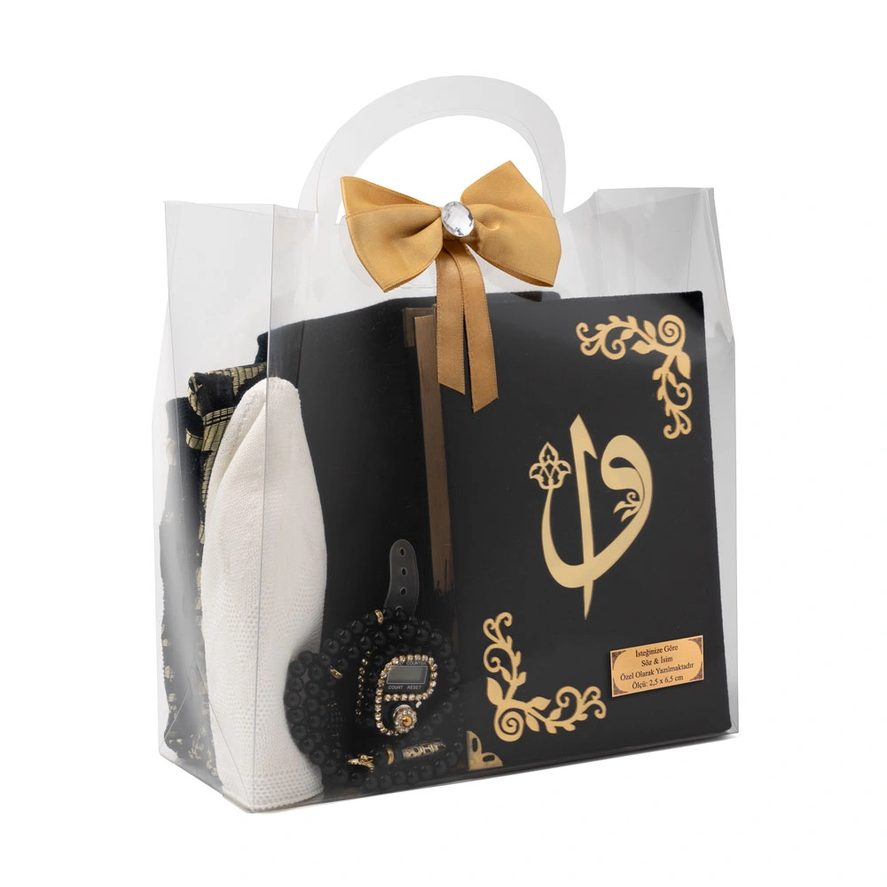 Şal + Takke + Seccade + Tesbih + Zikirmatik + Kuran Hediye Seti (Çanta Boy, Siyah) - Thumbnail