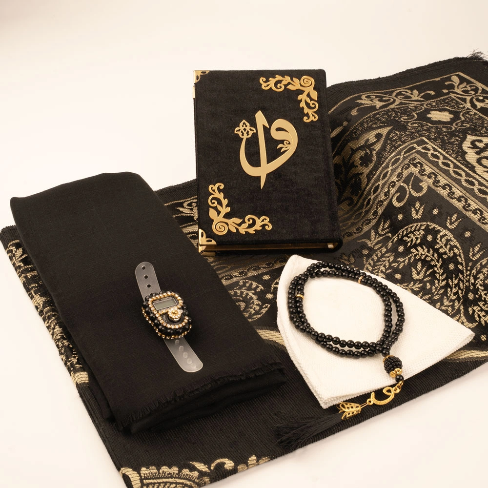Şal + Takke + Seccade + Tesbih + Zikirmatik + Kuran Hediye Seti (Çanta Boy, Siyah) - Thumbnail