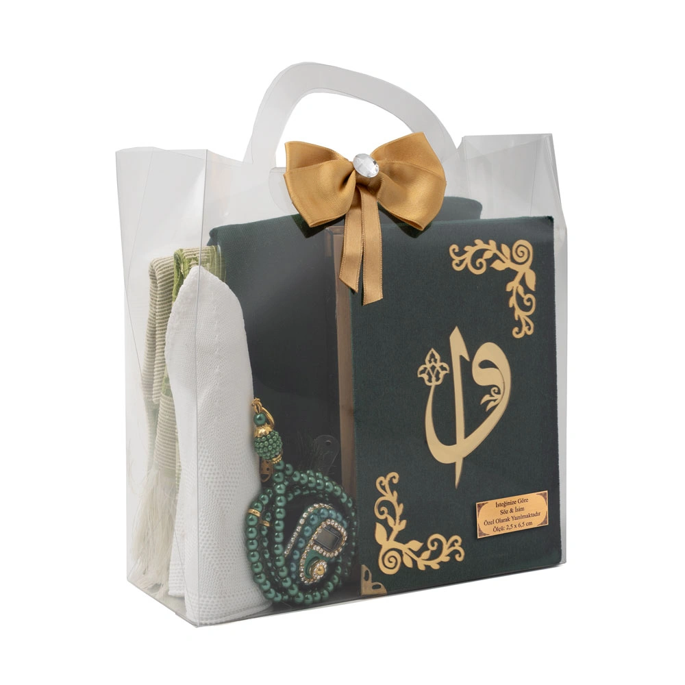 Şal + Takke + Seccade + Tesbih + Zikirmatik + Kuran Hediye Seti (Çanta Boy, Yeşil) - Thumbnail