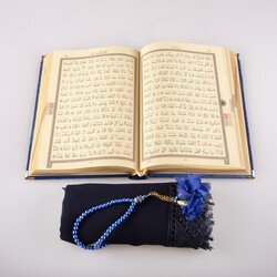 Şal + Tesbih + Kuran Hediye Seti (Çanta Boy, Kadife, Lacivert) - Thumbnail