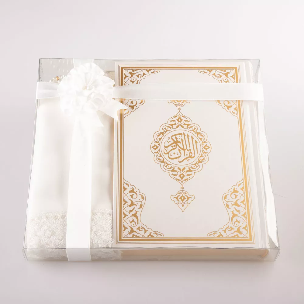 HAYRAT NEŞRİYAT - Şal + Tesbih + Kuran Hediye Seti (Çanta Boy, Standart Cilt, Beyaz)