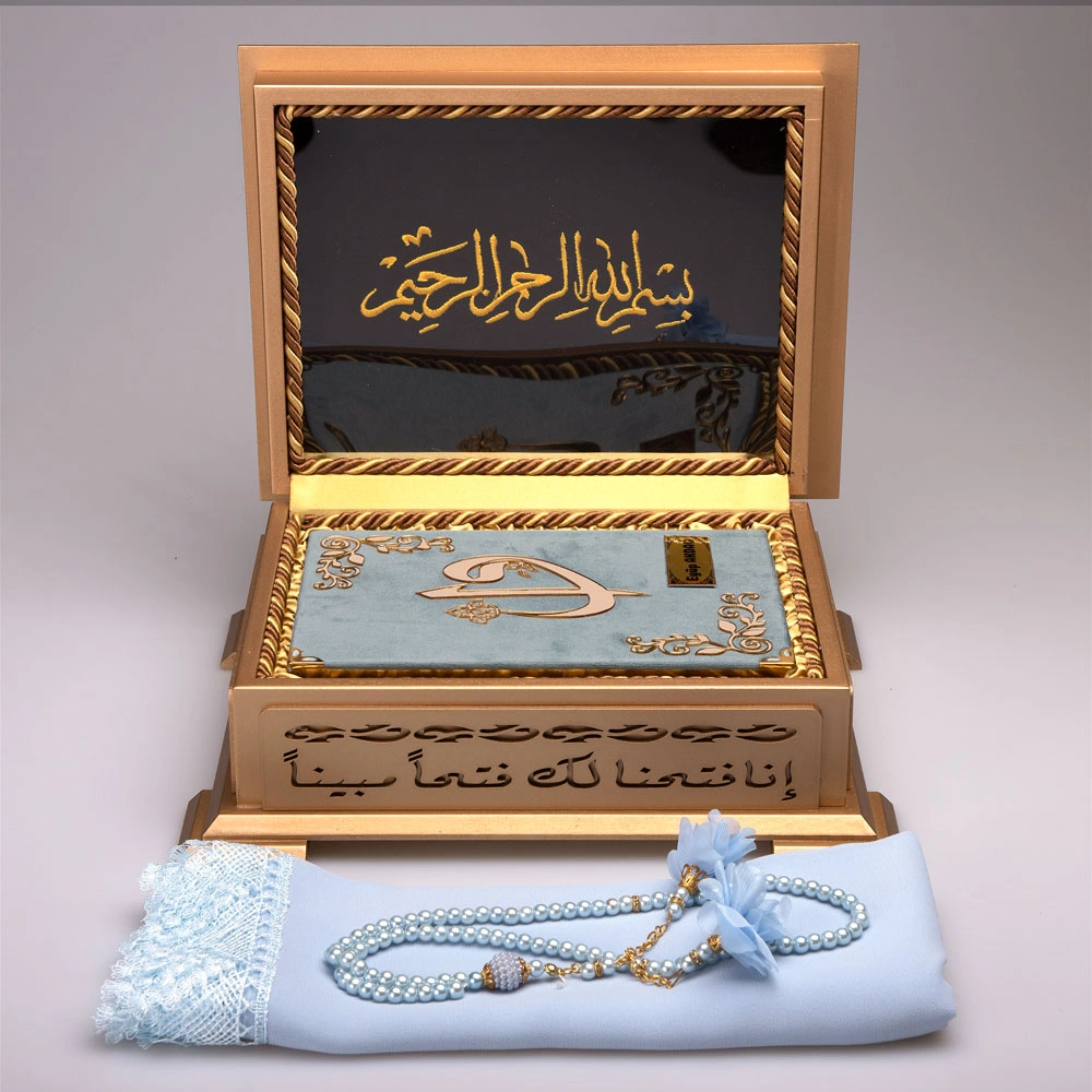 HAYRAT NEŞRİYAT - Ahşap Kutulu Şal + Tesbih + Kuran Hediye Seti (Hafız Boy, Kadife, Mavi) (1)
