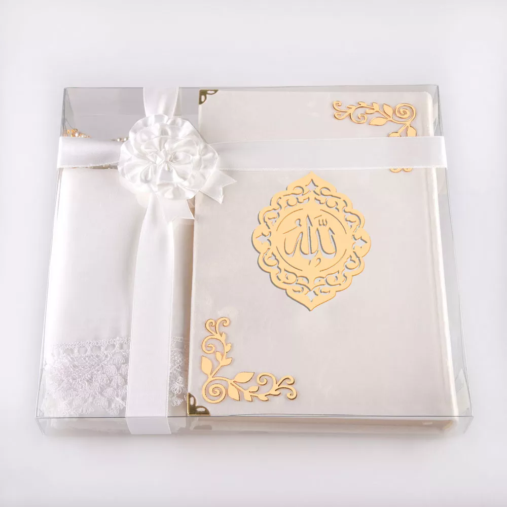 HAYRAT NEŞRİYAT - Şal + Tesbih + Kuran Hediye Seti (Hafız Boy, Kadife, Şems Lafzatullah, Beyaz)