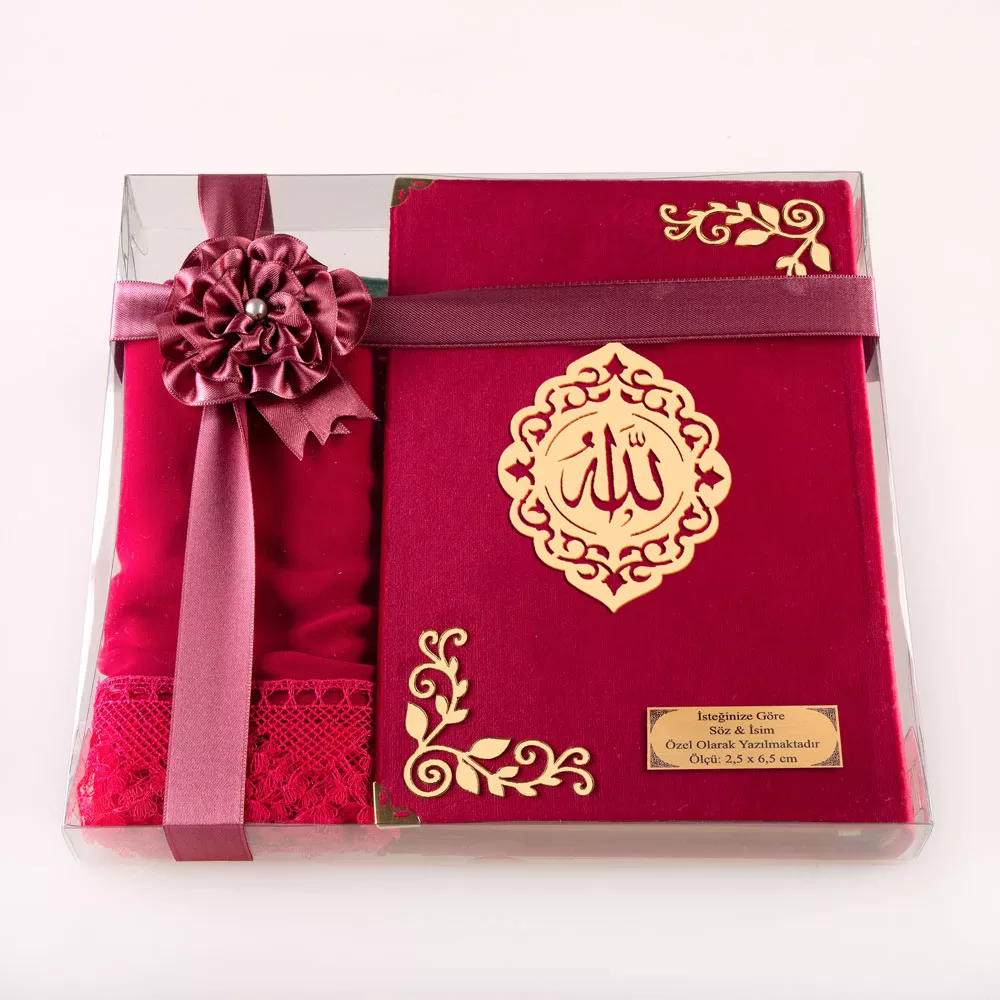 HAYRAT NEŞRİYAT - Şal + Tesbih + Kuran Hediye Seti (Çanta Boy, Kadife, Şems Lafzatullah, Fuşya Pembe)