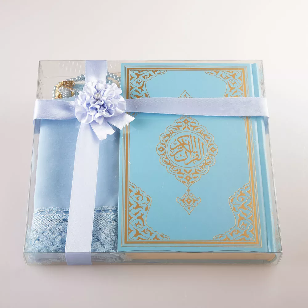 HAYRAT NEŞRİYAT - Şal + Tesbih + Kuran Hediye Seti (Hafız Boy, Standart Cilt, Açık Mavi)