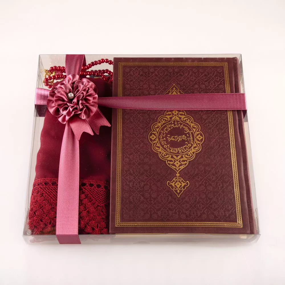 HAYRAT NEŞRİYAT - Şal + Tesbih + Kuran Hediye Seti (Hafız Boy, Termo Deri, Bordo) 