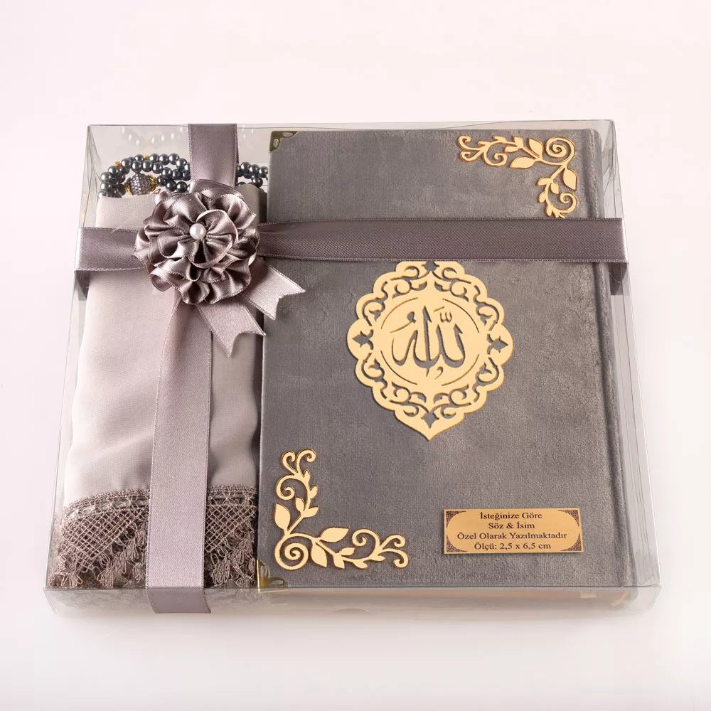 HAYRAT NEŞRİYAT - Şal + Tesbih + Kuran Hediye Seti (Orta Boy, Kadife, Lafzatullah, Gri)
