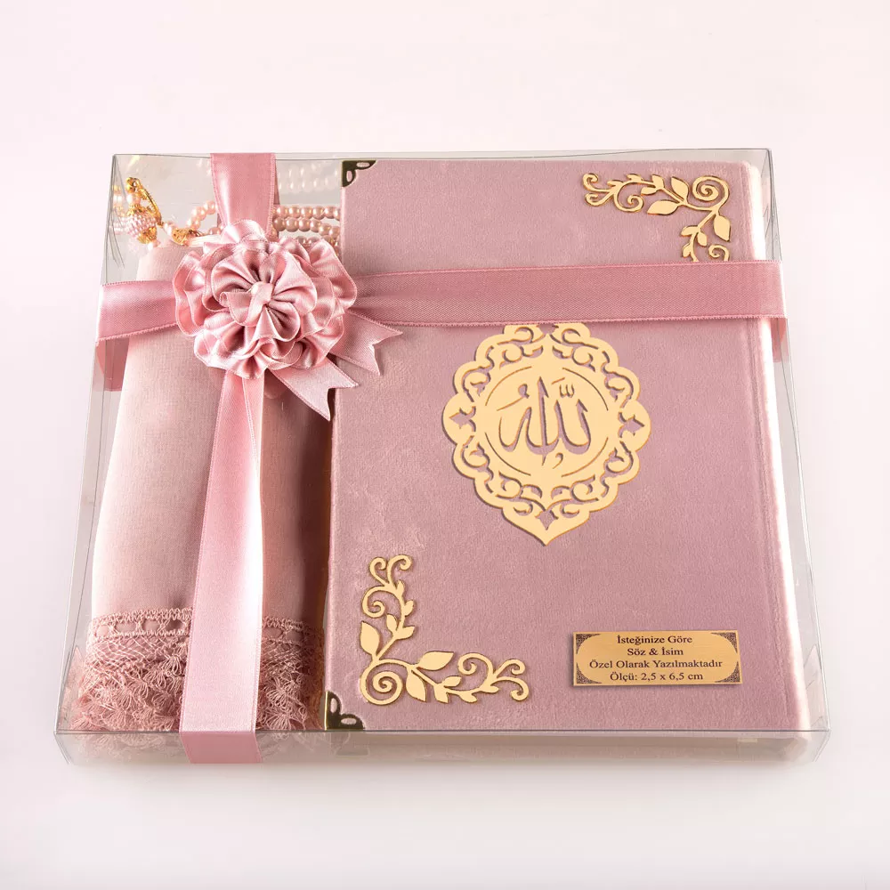 Şal + Tesbih + Kuran Hediye Seti (Orta Boy, Kadife, Lafzatullah, Pudra Pembe)