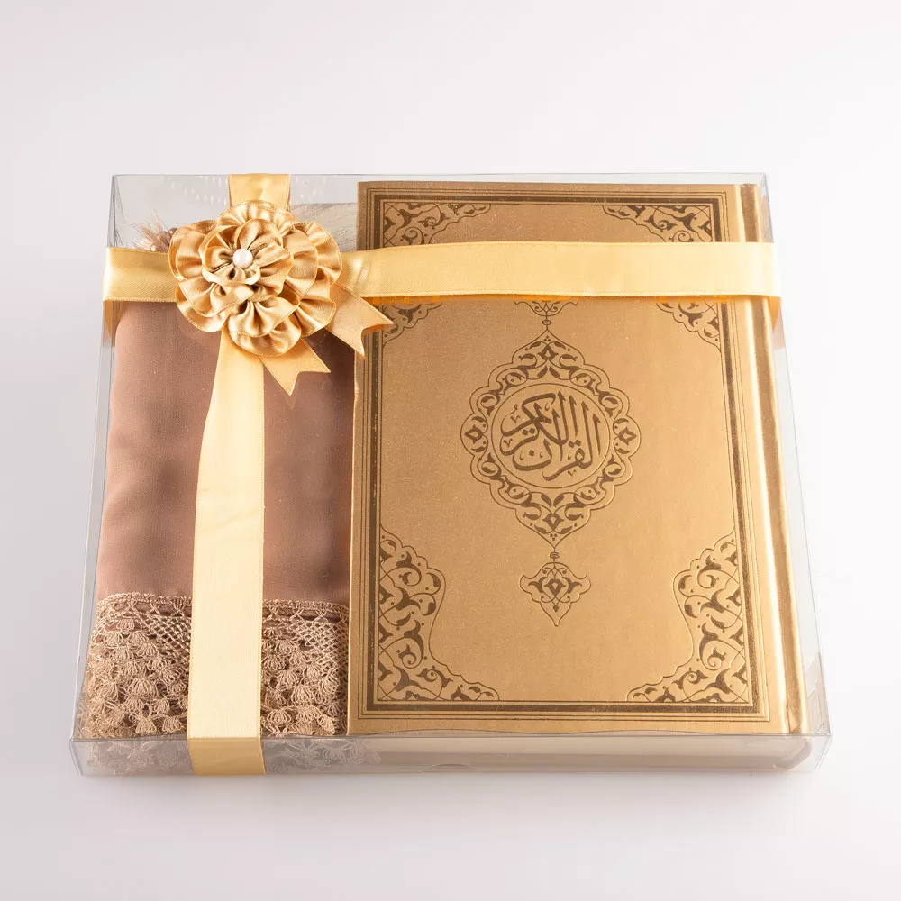 HAYRAT NEŞRİYAT - Şal + Tesbih + Kuran Hediye Seti (Orta Boy, Standart Cilt, Gold) 
