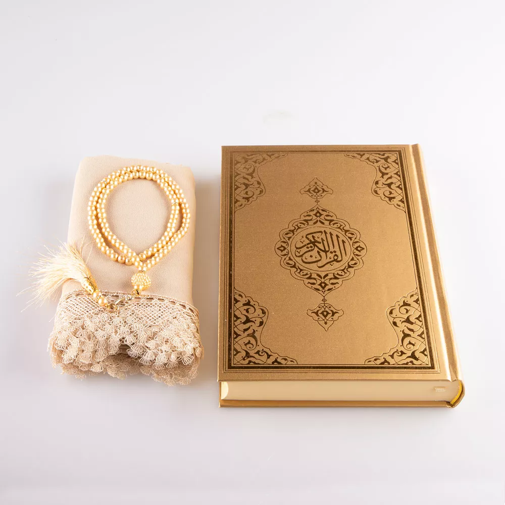 HAYRAT NEŞRİYAT - Şal + Tesbih + Kuran Hediye Seti (Orta Boy, Standart Cilt, Gold) (1)