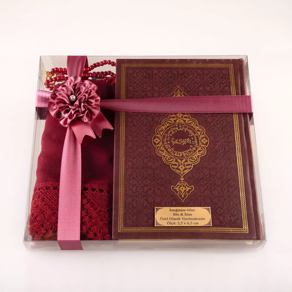 HAYRAT NEŞRİYAT - Şal + Tesbih + Kuran Hediye Seti (Orta Boy, Termo Deri, Bordo) 