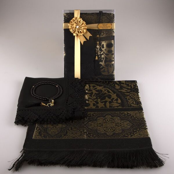 Salah Beads + Prayer Mat + Shawl Set (Black)