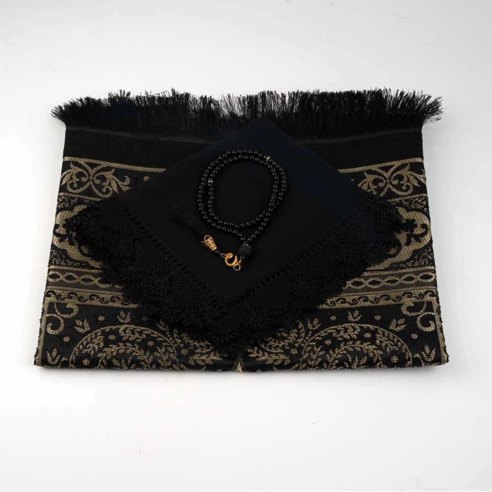 Salah Beads + Prayer Mat + Shawl Set (Black)