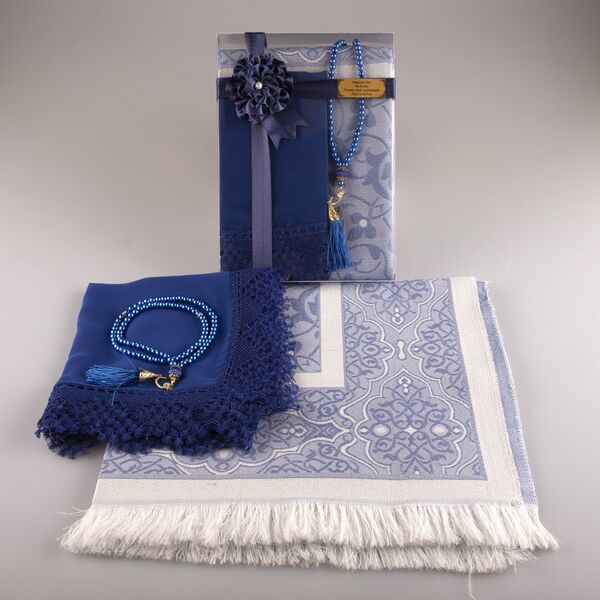 Salah Beads + Prayer Mat + Shawl Set (Navy Blue)