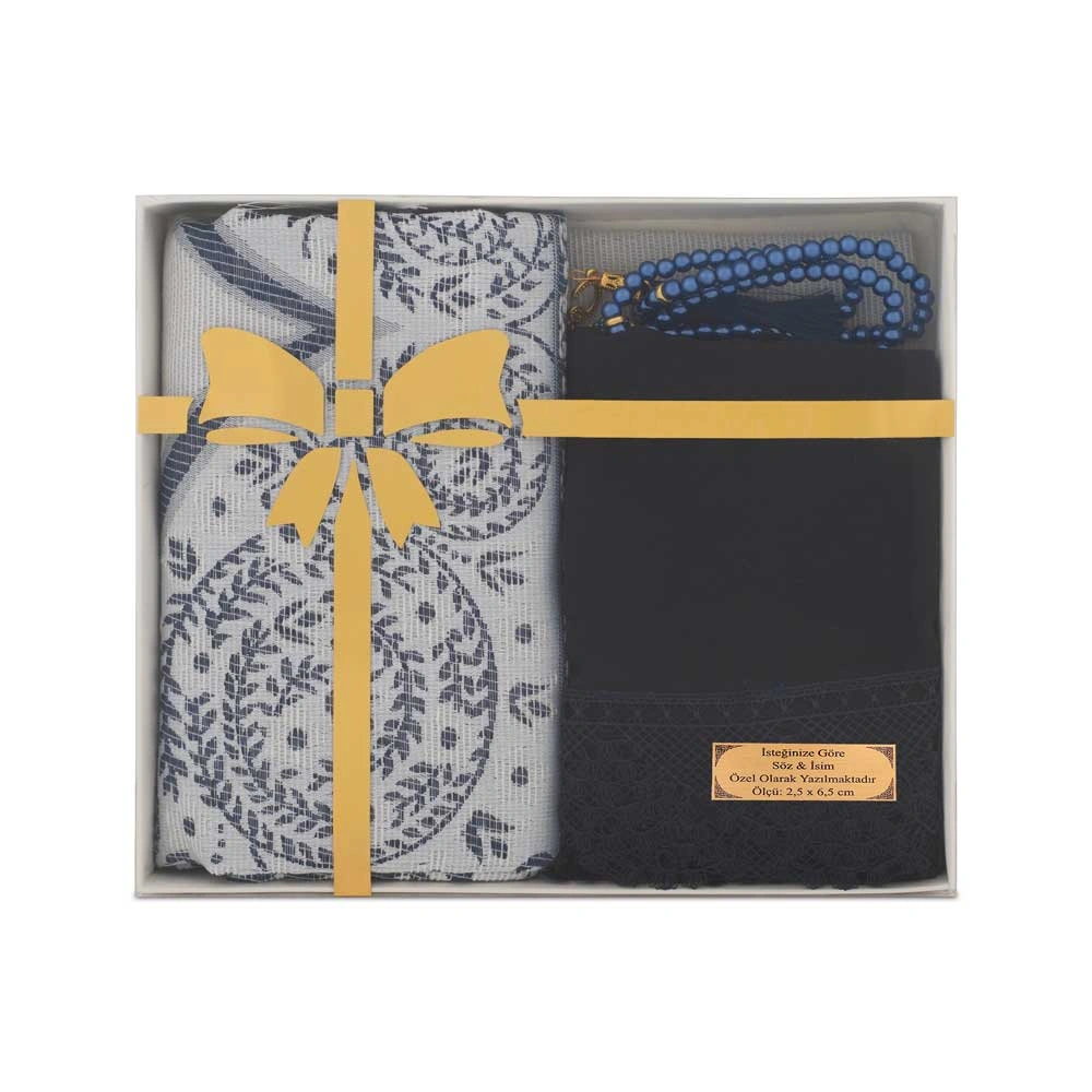 Salah Beads + Prayer Mat + Shawl Set (Navy Blue) - Thumbnail