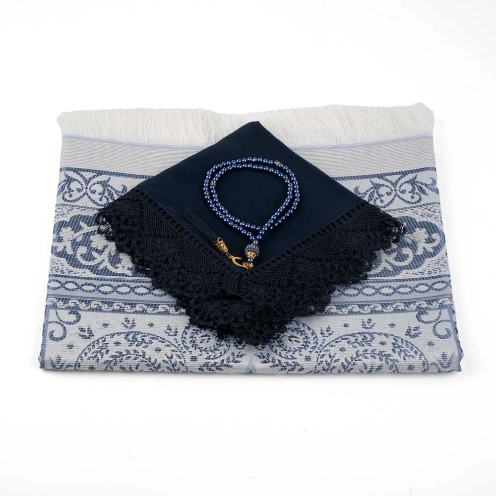 Salah Beads + Prayer Mat + Shawl Set (Navy Blue)