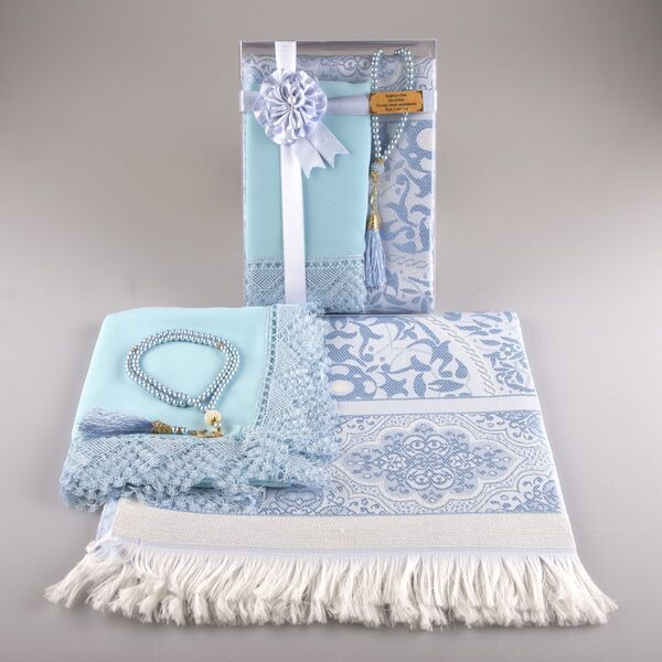 Salah Beads + Prayer Mat + Shawl Set (Powder Blue)