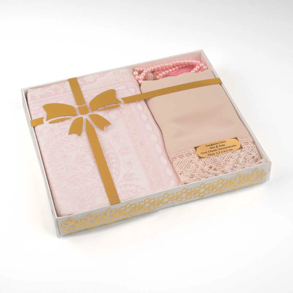 HAYRAT NEŞRİYAT - Salah Beads + Prayer Mat + Shawl Set (Powder Pink)