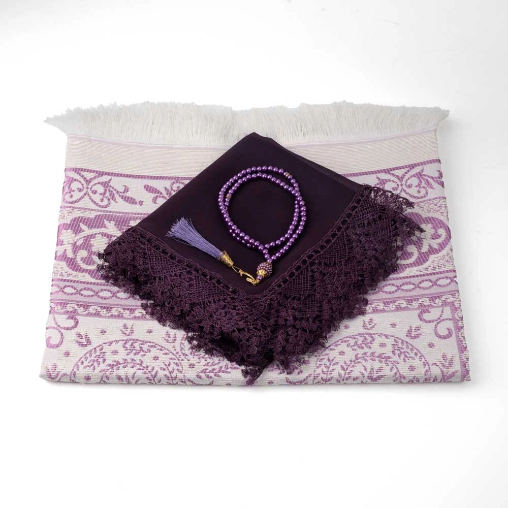 Salah Beads + Prayer Mat + Shawl Set (Purple) - Thumbnail