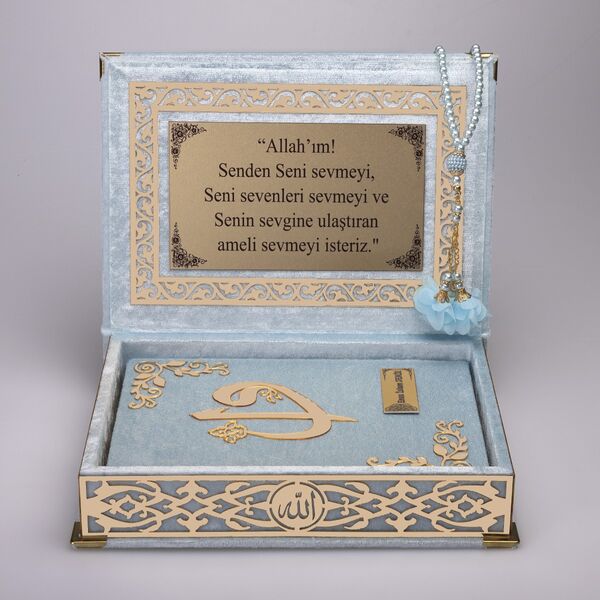 Salah Beads + Quran Gift Set (Medium Size, Powder Blue, Gold Plexy)