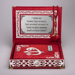 Salah Beads + Quran Gift Set (Medium Size, Red, Silver Plexy) - Thumbnail