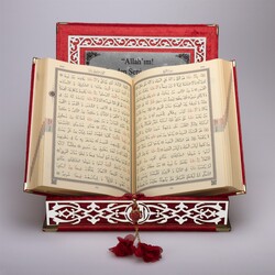 Salah Beads + Quran Gift Set (Medium Size, Red, Silver Plexy) - Thumbnail