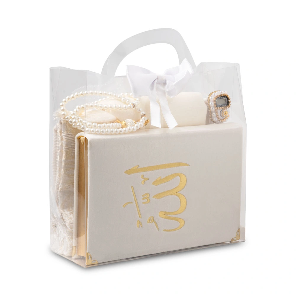 Seccade + Eşarp + Takke + Zikirmatik + Tesbih + Hafız Boy Kuran Hediye Seti (Nakışlı, Beyaz) - Thumbnail