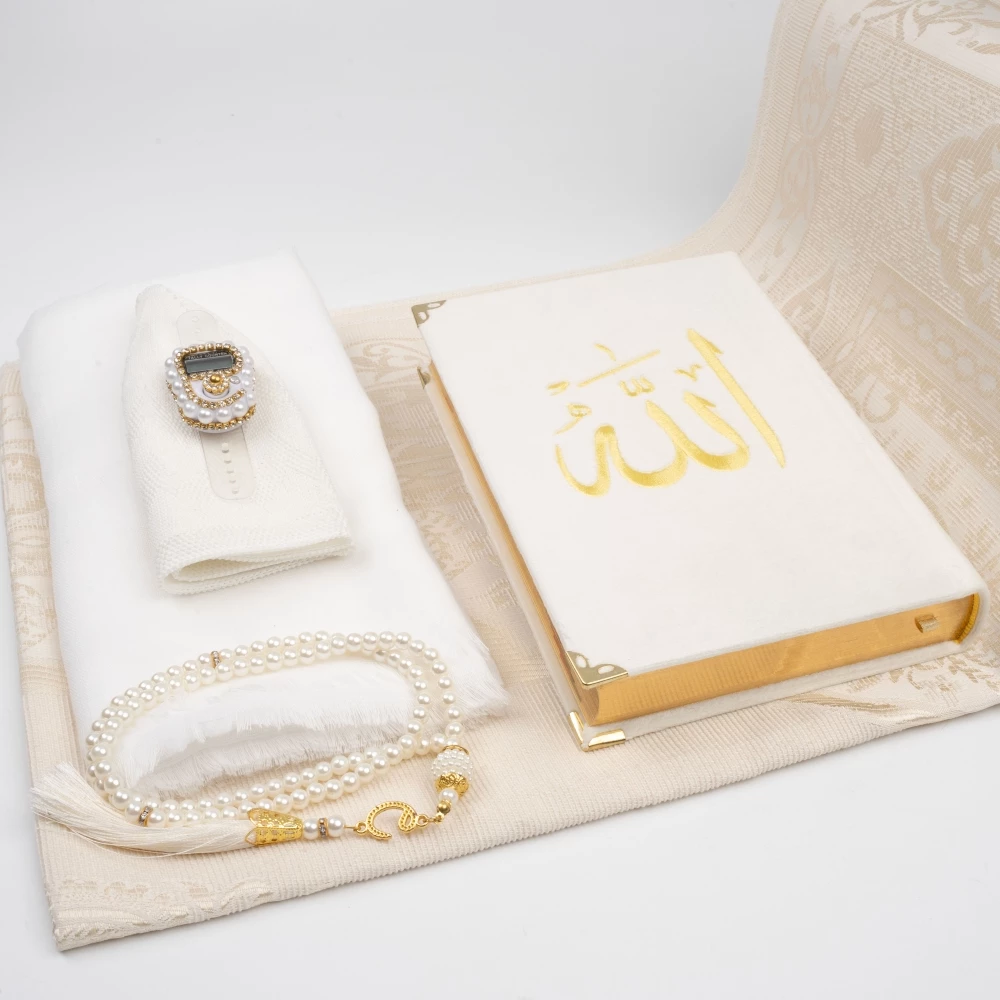 Seccade + Eşarp + Takke + Zikirmatik + Tesbih + Hafız Boy Kuran Hediye Seti (Nakışlı, Beyaz)
