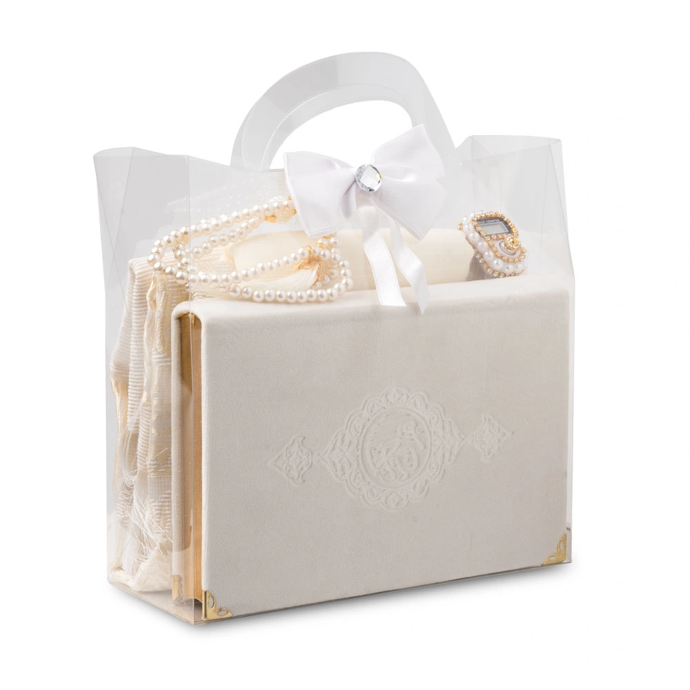 Seccade + Eşarp + Takke + Zikirmatik + Tesbih + Hafız Boy Kuran Hediye Seti (Soğuk Baskı, Beyaz)