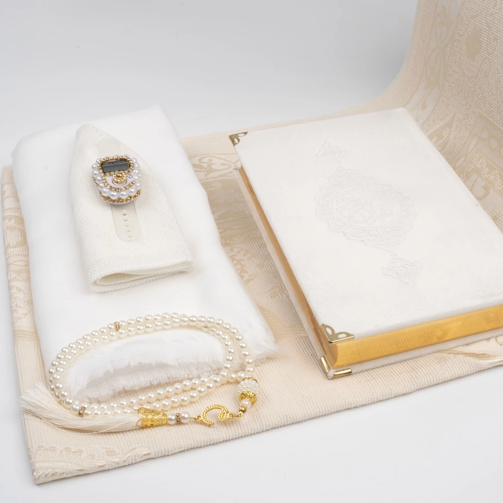 Seccade + Eşarp + Takke + Zikirmatik + Tesbih + Hafız Boy Kuran Hediye Seti (Soğuk Baskı, Beyaz) - Thumbnail