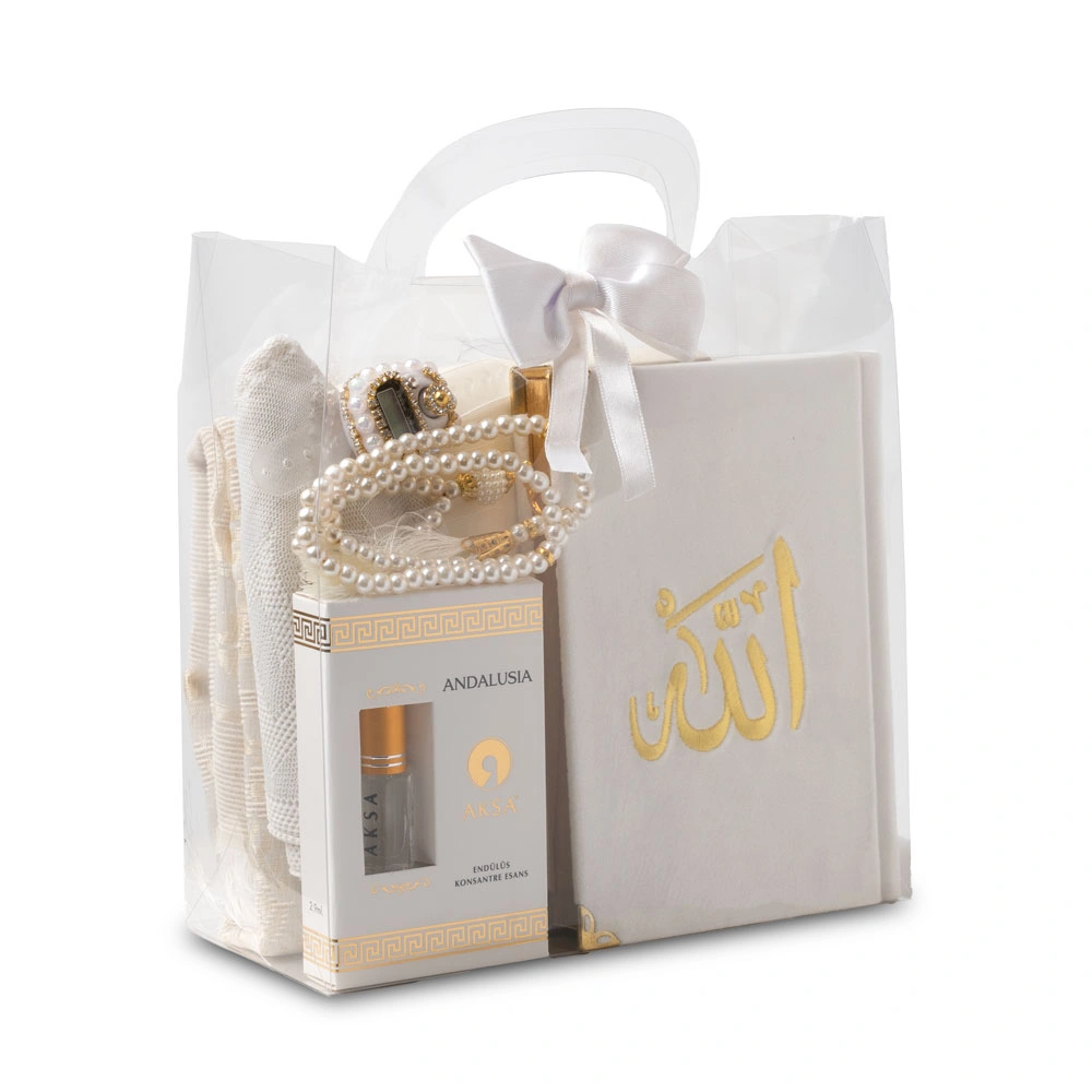 Seccade + Eşarp + Takke + Zikirmatik + Tesbih + Koku + Kuran Hediye Seti (Nakışlı, Beyaz)