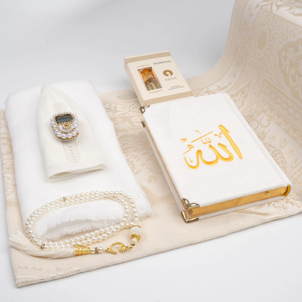 Seccade + Eşarp + Takke + Zikirmatik + Tesbih + Koku + Kuran Hediye Seti (Nakışlı, Beyaz) - Thumbnail
