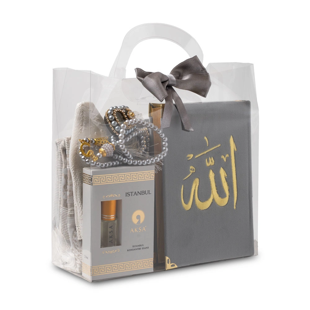 Seccade + Eşarp + Takke + Zikirmatik + Tesbih + Koku + Kuran Hediye Seti (Nakışlı, Gri)