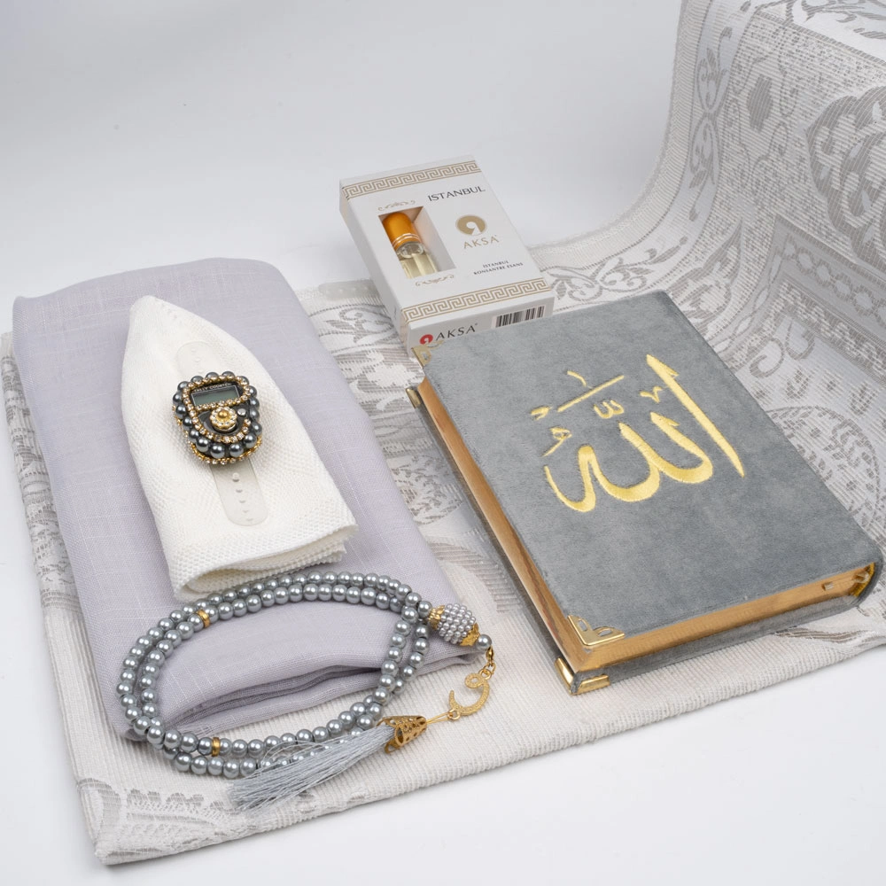 Seccade + Eşarp + Takke + Zikirmatik + Tesbih + Koku + Kuran Hediye Seti (Nakışlı, Gri) - Thumbnail