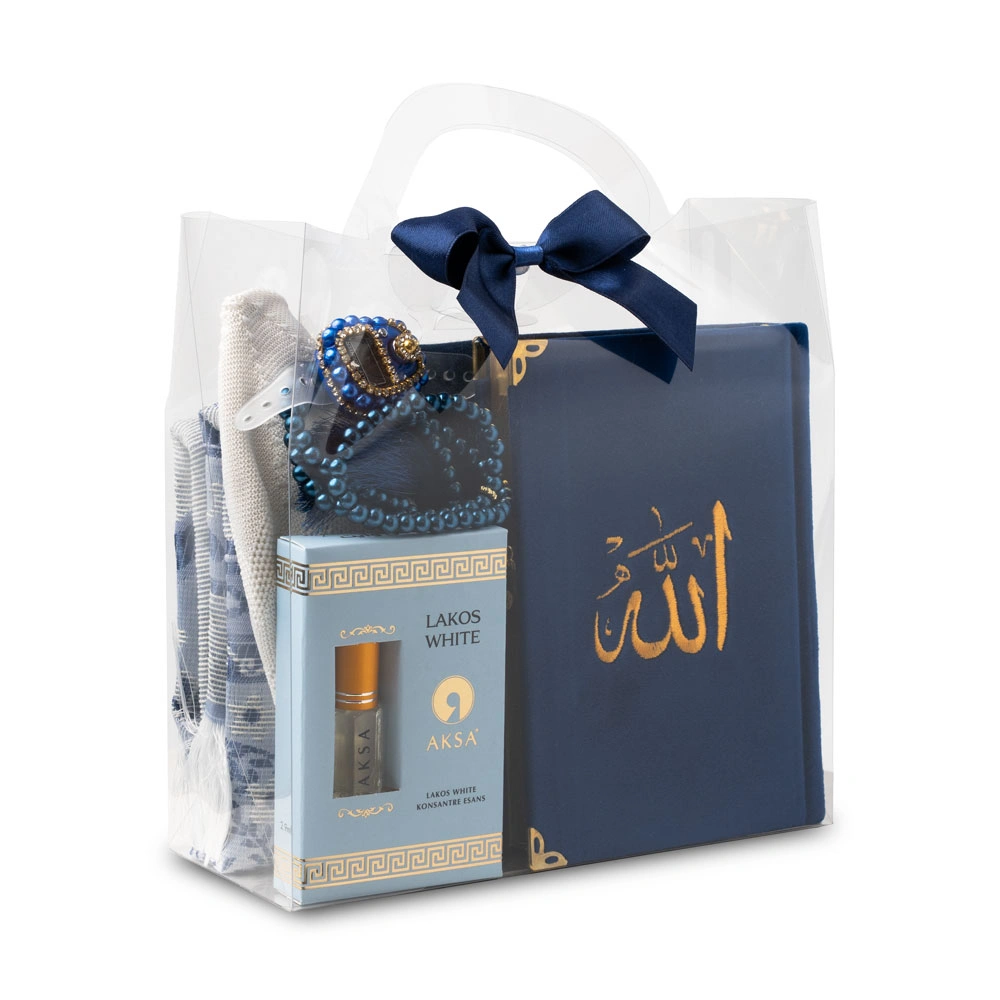 Seccade + Eşarp + Takke + Zikirmatik + Tesbih + Koku + Kuran Hediye Seti (Nakışlı, Lacivert)