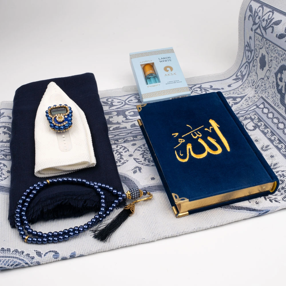 Seccade + Eşarp + Takke + Zikirmatik + Tesbih + Koku + Kuran Hediye Seti (Nakışlı, Lacivert) - Thumbnail