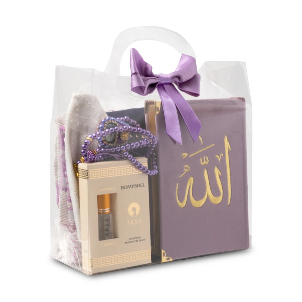 HAYRAT NEŞRİYAT - Seccade + Eşarp + Takke + Zikirmatik + Tesbih + Koku + Kuran Hediye Seti (Nakışlı, Lila)