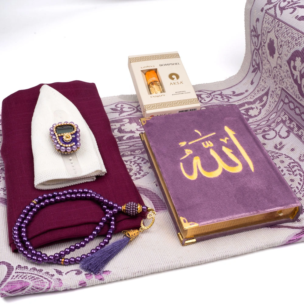 Seccade + Eşarp + Takke + Zikirmatik + Tesbih + Koku + Kuran Hediye Seti (Nakışlı, Lila)