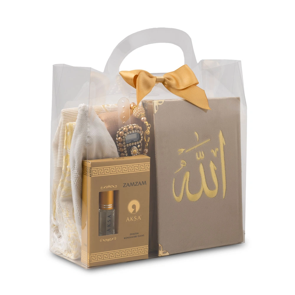 HAYRAT NEŞRİYAT - Seccade + Eşarp + Takke + Zikirmatik + Tesbih + Koku + Kuran Hediye Seti (Nakışlı, Vizon)