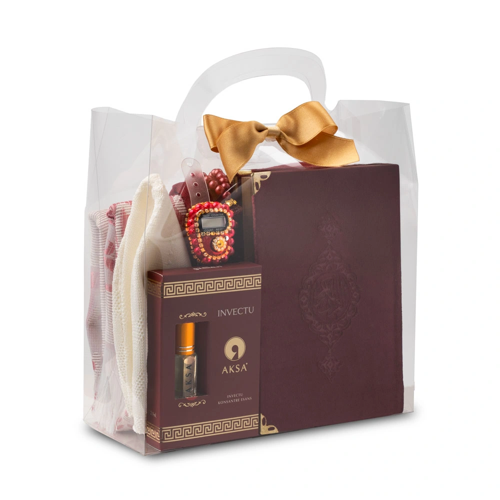 Seccade + Eşarp + Takke + Zikirmatik + Tesbih + Koku + Kuran Hediye Seti (Soğuk Baskı, Bordo)