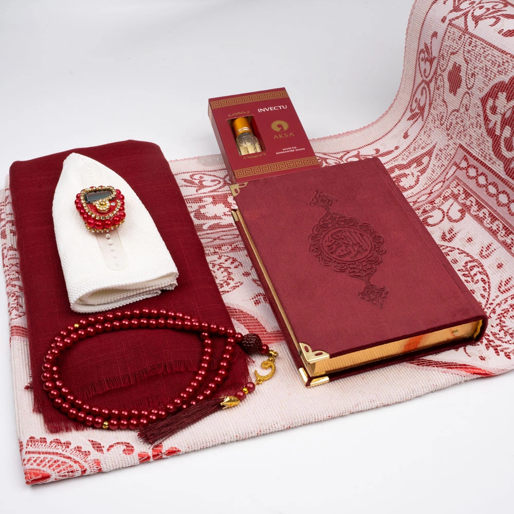 Seccade + Eşarp + Takke + Zikirmatik + Tesbih + Koku + Kuran Hediye Seti (Soğuk Baskı, Bordo)