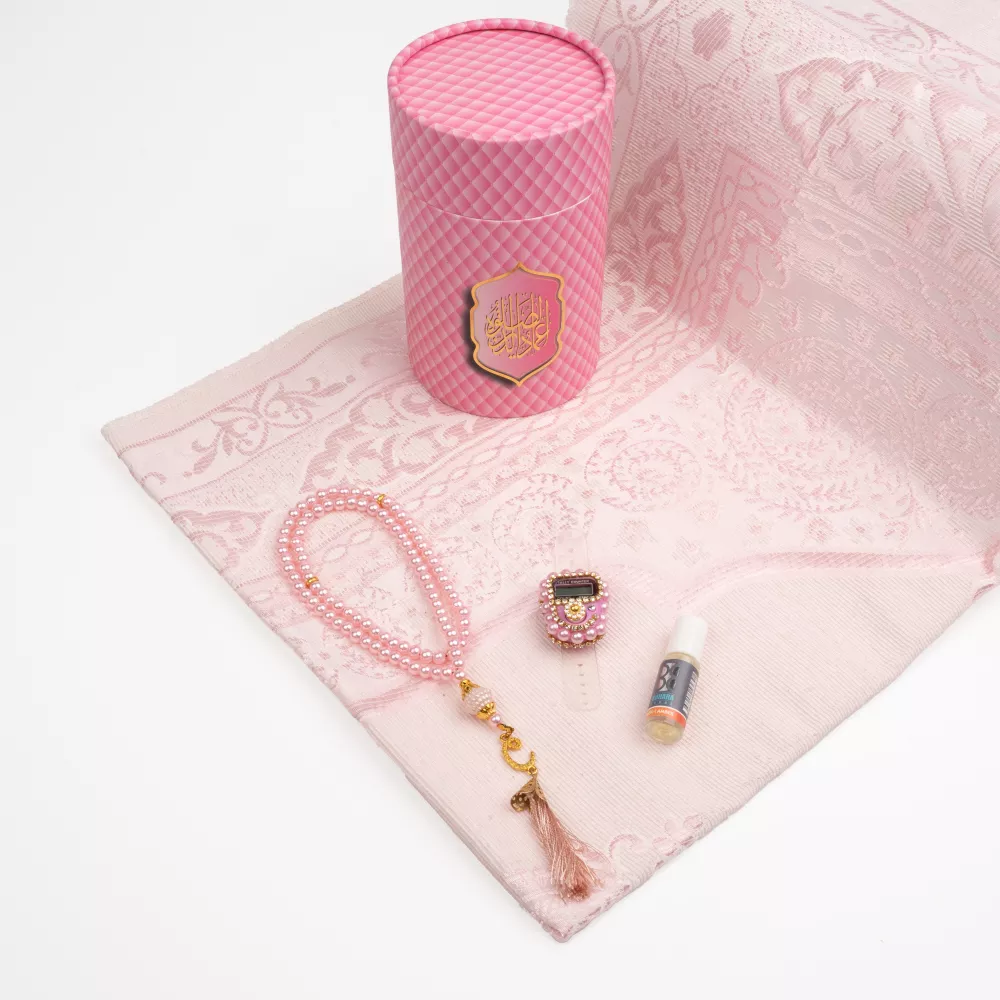 Seccade + Tesbih + Esans + Zikirmatik Hediye Seti (3D Desen, Pembe)