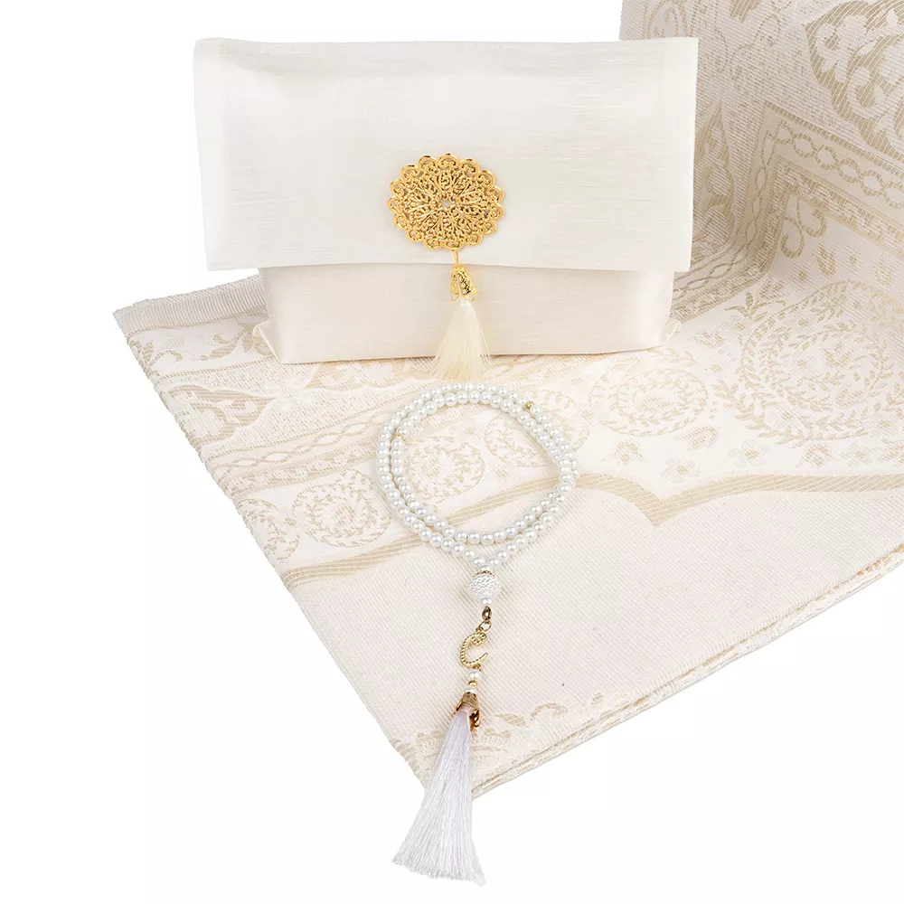 HAYRAT NEŞRİYAT - Seccade + Tesbih Hediye Seti (Şantuk Kese, Krem) 