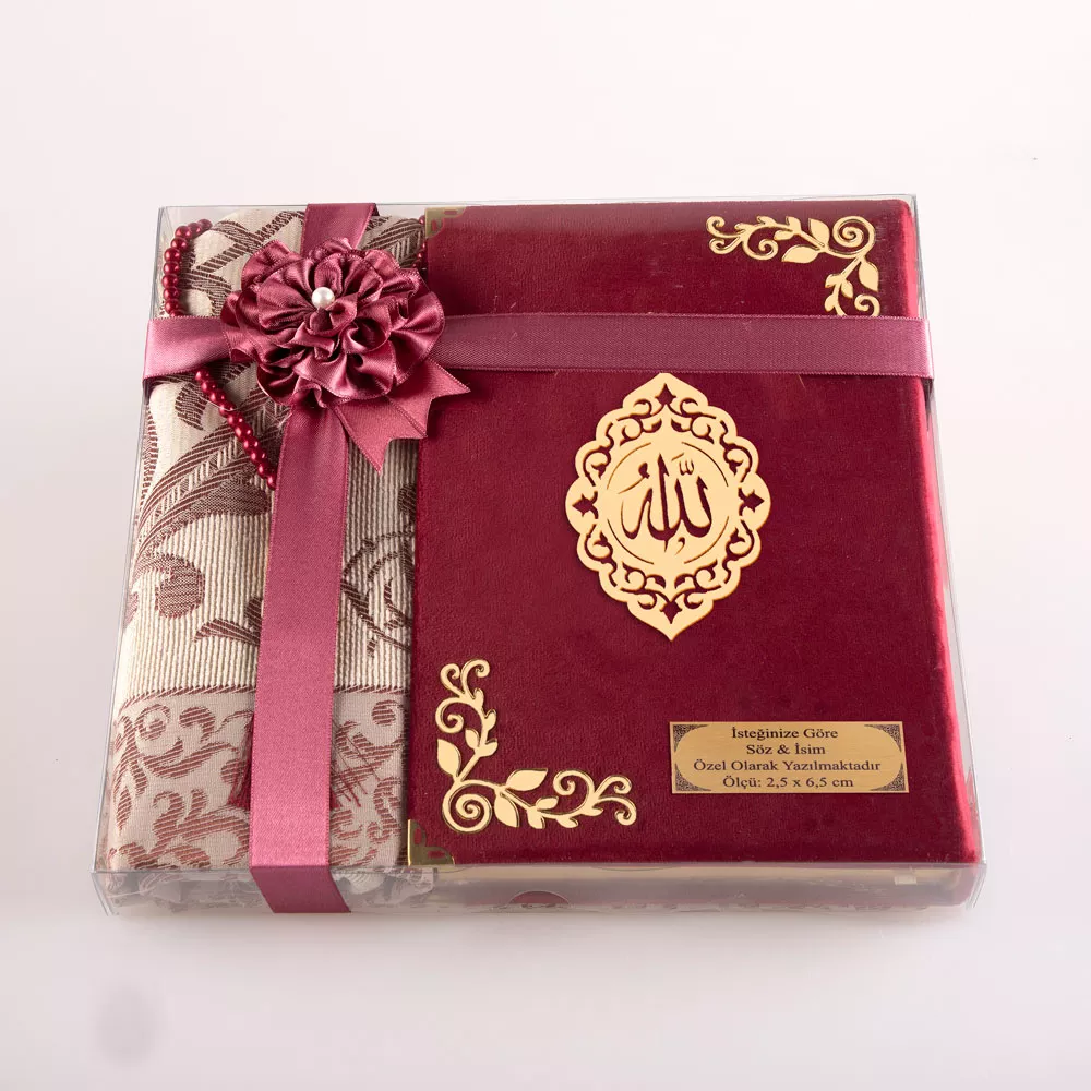 HAYRAT NEŞRİYAT - Seccade + Tesbih + Kuran Hediye Seti (Çanta Boy, Kadife, Bordo, Lafzatullah)