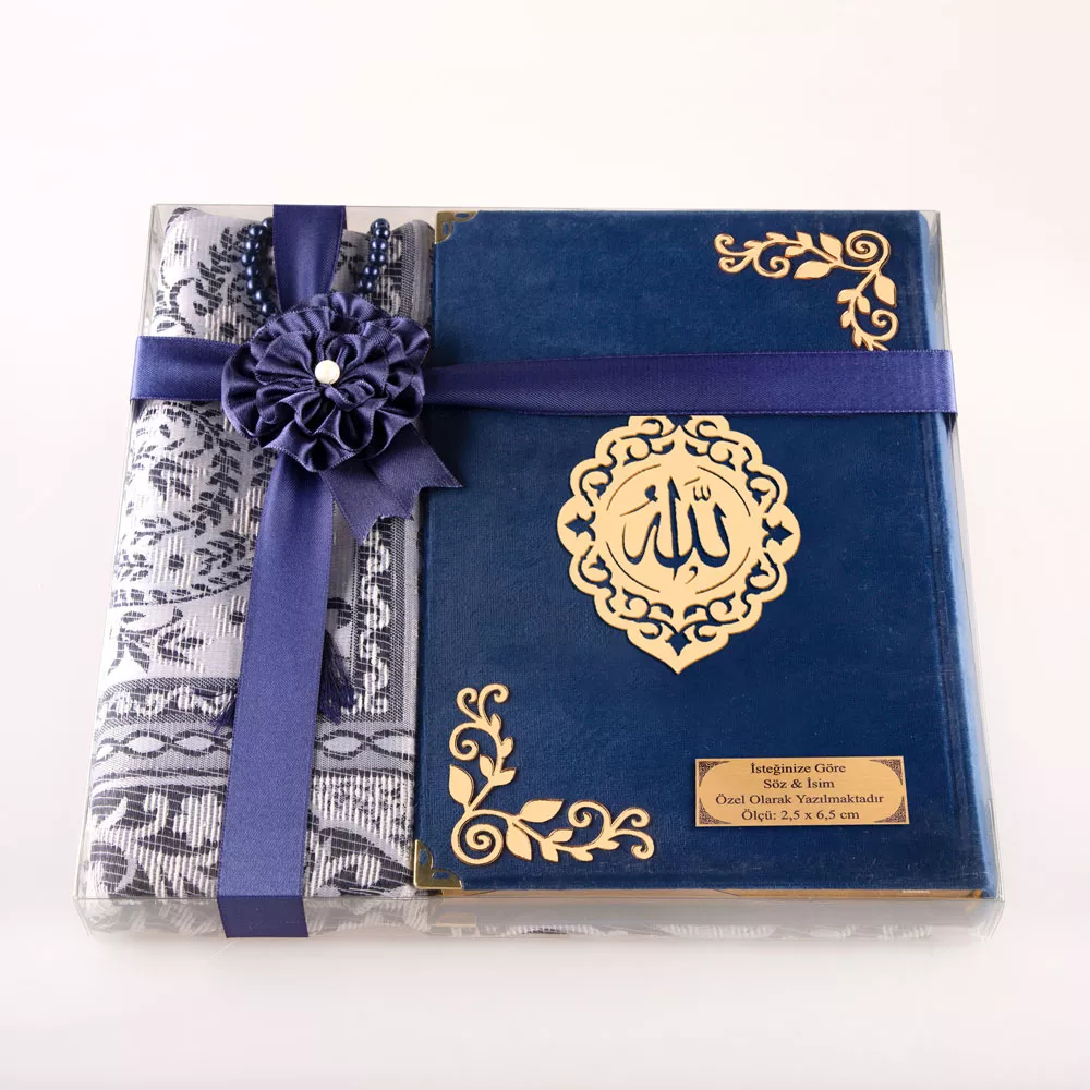 HAYRAT NEŞRİYAT - Seccade + Tesbih + Kuran Hediye Seti (Çanta Boy, Kadife, Lacivert, Lafzatullah)